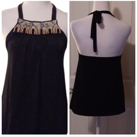 💙🌺The Limited Black Embellished Halter Tank Top - Picture 1 of 10